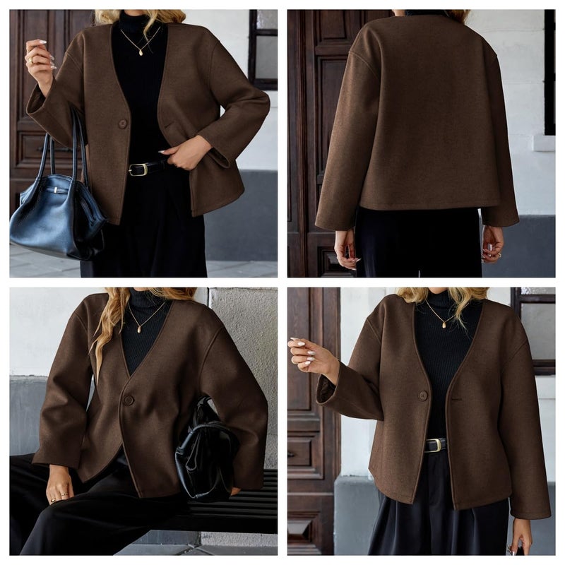 HOTIAN Women Cropped Wool Blend Coats Long Sleeve Coat Jacket Peacoat Fall Winter Outwear Overcoat - Image 4