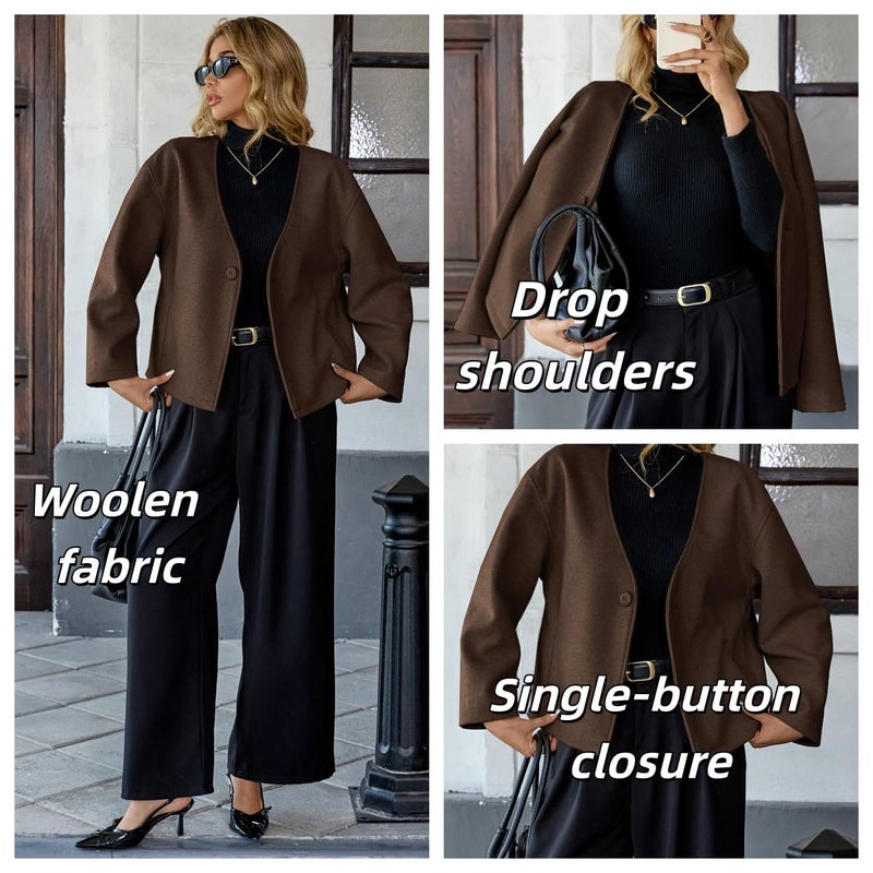 HOTIAN Women Cropped Wool Blend Coats Long Sleeve Coat Jacket Peacoat Fall Winter Outwear Overcoat - Image 3