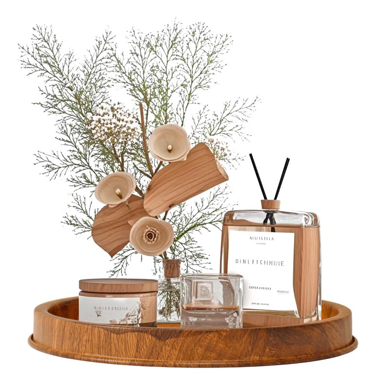 Lobolighting Round Decorative Serving Tray - Modern Farmhouse Style Handcrafted Wood Grain Color Metal Tray, Versatile Centerpiece for Coffee Table, Living Room, Dining or Entryway Home Decor - Image 1