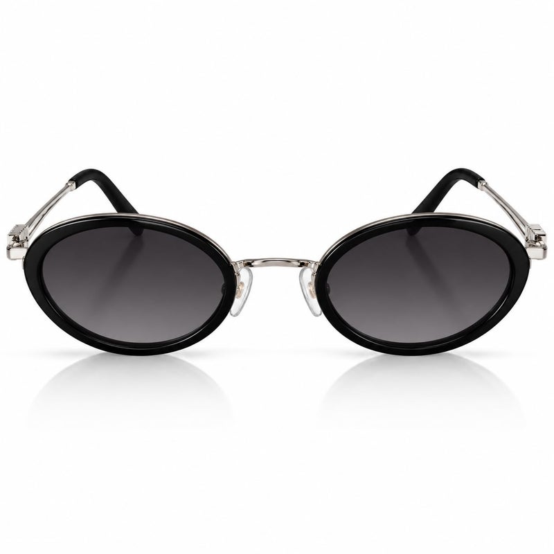 Oval Sunglasses for Men and Women, Black Frame, Silver Details - Image 1