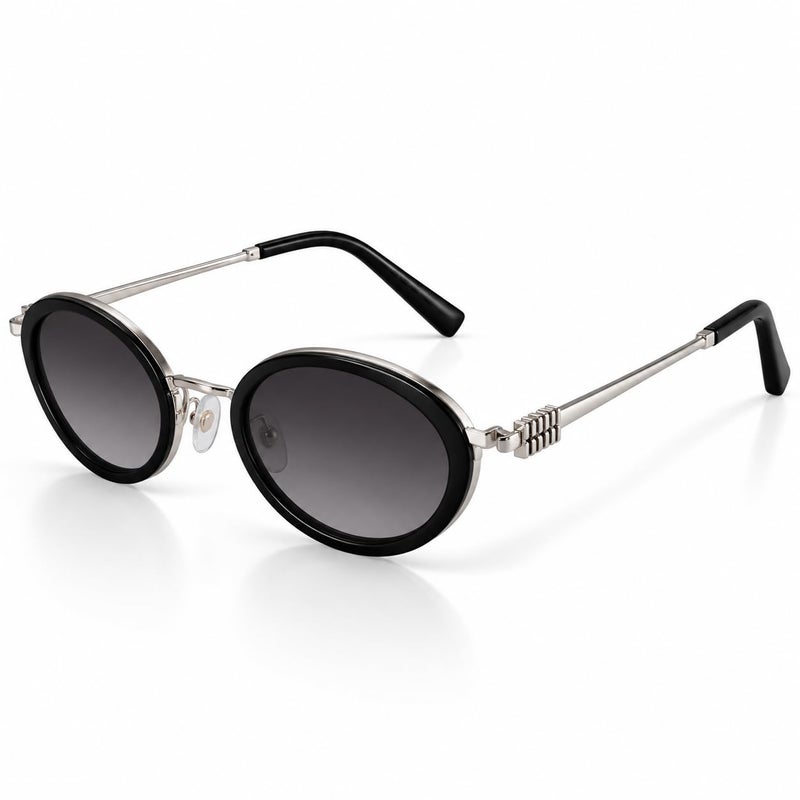 Oval Sunglasses for Men and Women, Black Frame, Silver Details - Image 2