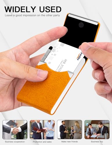 Padike Professional Business Card Holder PU Leather Business Card Case Name Card Holder Slim Metal Pocket Card Holder with Magnetic Shut (Z-Orange) - Image 5