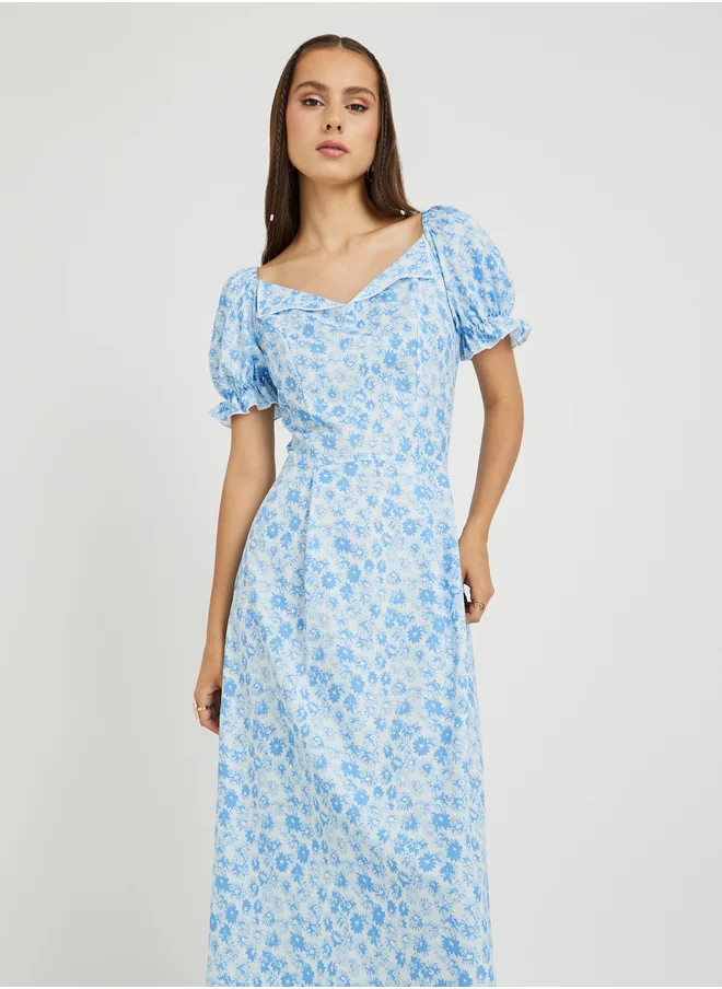 Take Two Take Two Floral Print Puff Sleeve A-Line Midi Dress