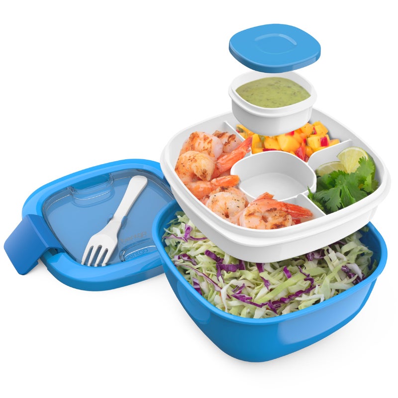 Bentgo Bentgo Salad Container  54 oz Bowl with 4Compartment Toppings Tray LeakProof Dressing Container Reusable Fork BPAFree Lunch Box for Meal Prep  Food Storage Removable Bento Tray Blue 
