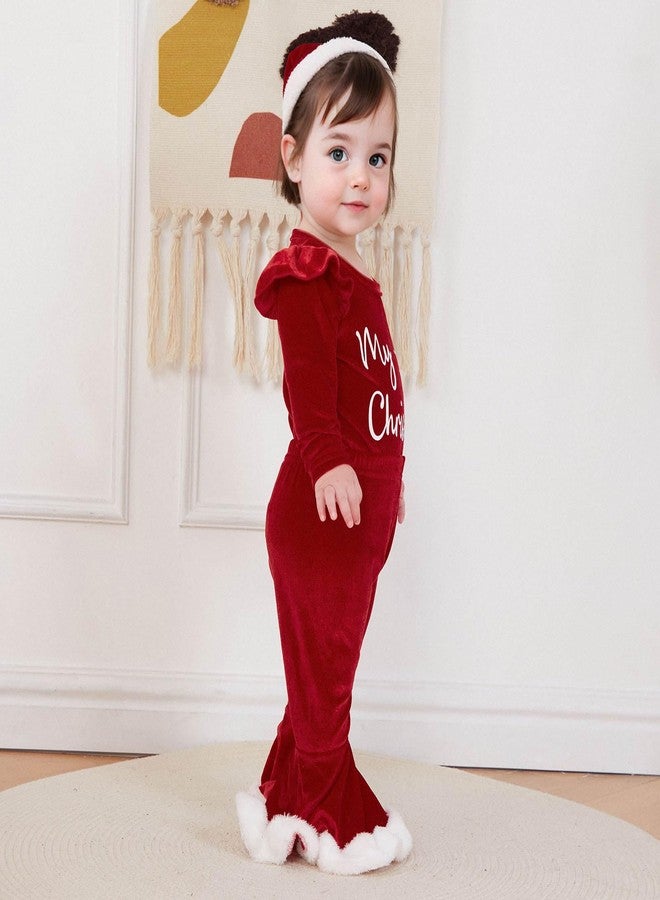 FOCUSNORM Toddler baby girl Christmas Outfits Letter Ruffle Long Sleeve Romper Flare Pants sets Newborn Fall Winter Clothes (Red, 0-3 Months) - Image 3