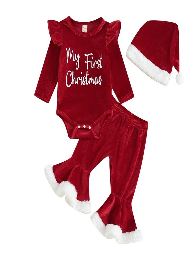 FOCUSNORM Toddler baby girl Christmas Outfits Letter Ruffle Long Sleeve Romper Flare Pants sets Newborn Fall Winter Clothes (Red, 0-3 Months) - Image 1