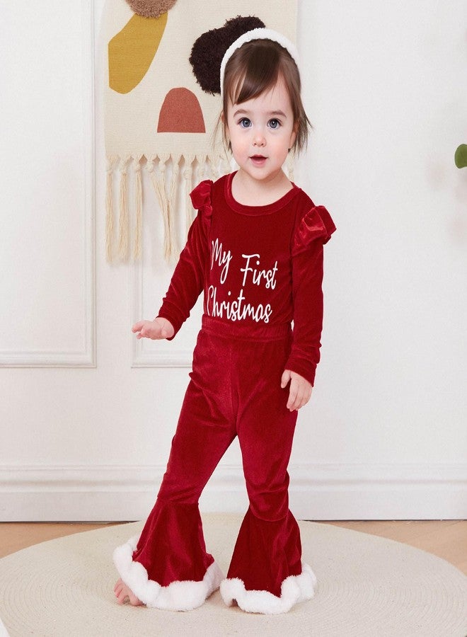 FOCUSNORM Toddler baby girl Christmas Outfits Letter Ruffle Long Sleeve Romper Flare Pants sets Newborn Fall Winter Clothes (Red, 0-3 Months) - Image 2