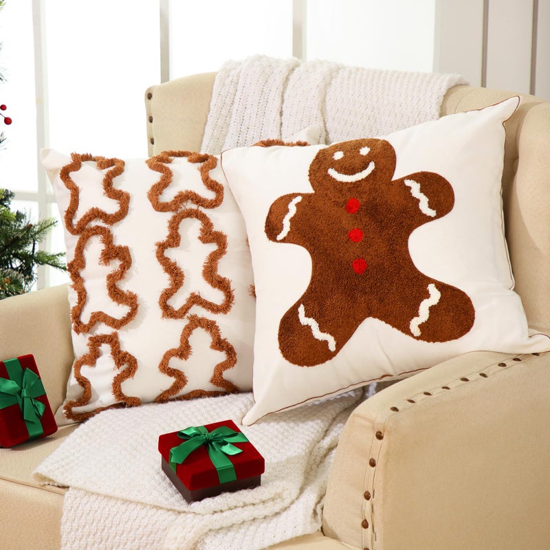 Pickmesh Christmas Throw Pillow Covers 18x18 inch Set of 2 Christmas Gingerbread Man Pillows Case Xmas Cushion Cases Square Tufted Soft Cover for Living Room Bed Couch Sofa Car Home Dark Brown