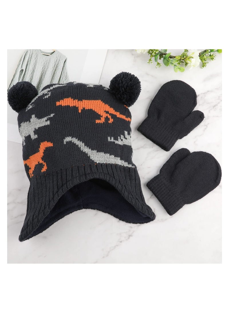 Excefore Set of Hats and Gloves, Cute Fleece Baby Kids Winter Cold Weather Set, Toddler Boy Dinosaur Beanies(Black) - Image 3