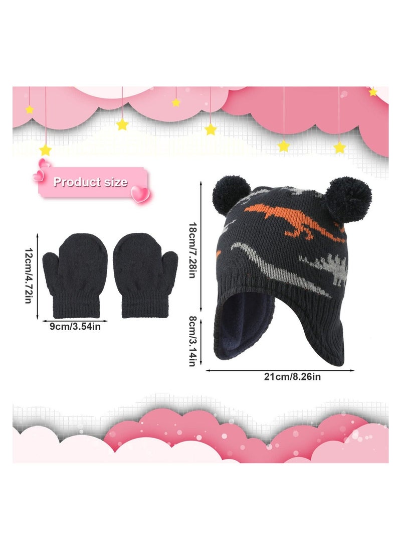 Excefore Set of Hats and Gloves, Cute Fleece Baby Kids Winter Cold Weather Set, Toddler Boy Dinosaur Beanies(Black) - Image 2