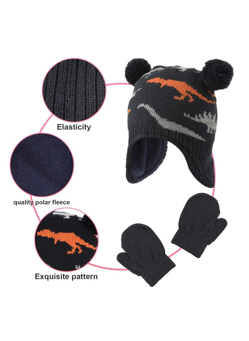Excefore Set of Hats and Gloves, Cute Fleece Baby Kids Winter Cold Weather Set, Toddler Boy Dinosaur Beanies(Black) - Image 4