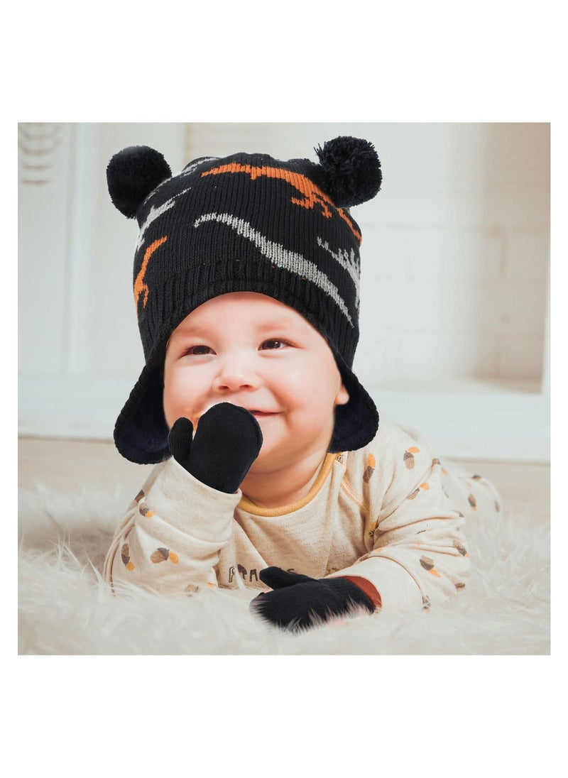 Excefore Set of Hats and Gloves, Cute Fleece Baby Kids Winter Cold Weather Set, Toddler Boy Dinosaur Beanies(Black) - Image 5