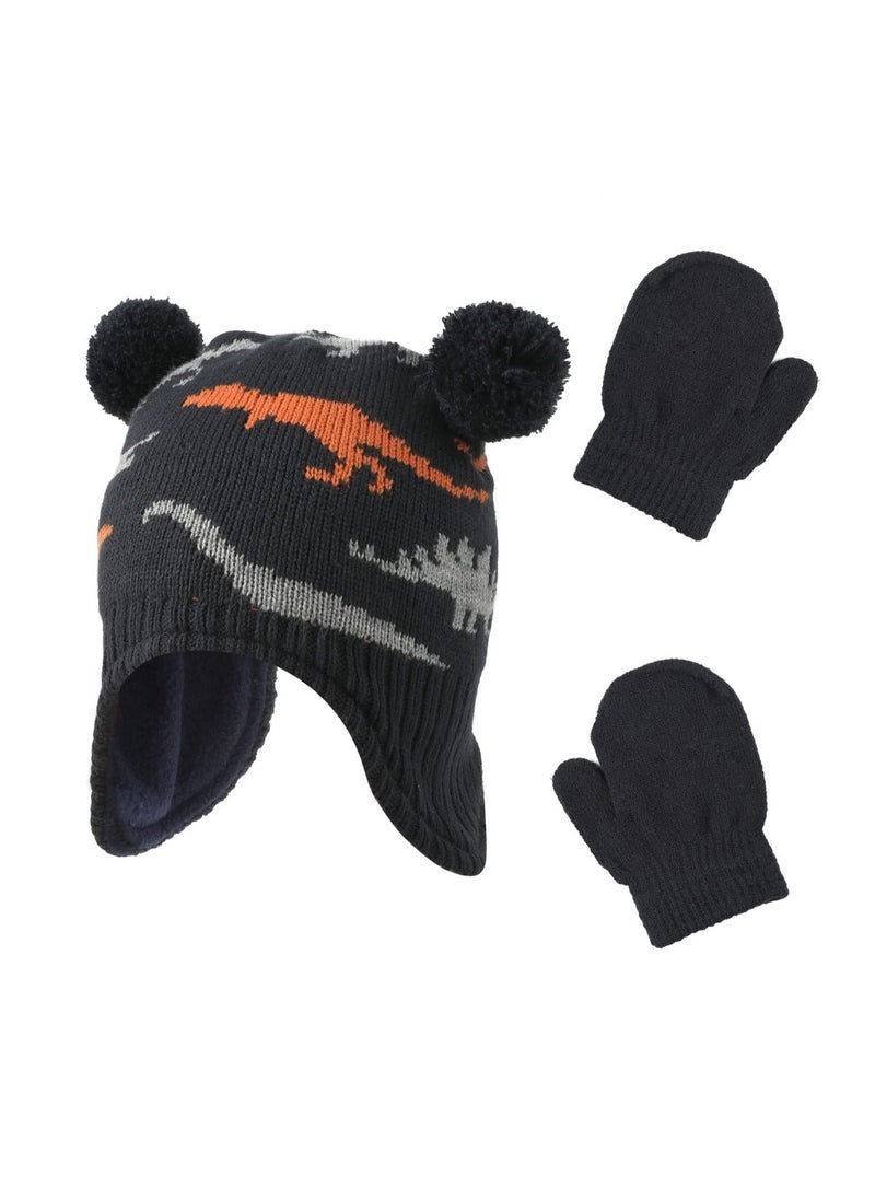 Excefore Set of Hats and Gloves, Cute Fleece Baby Kids Winter Cold Weather Set, Toddler Boy Dinosaur Beanies(Black) - Image 1