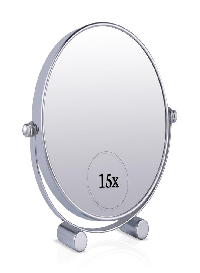 Mirrorvana Small 15X Magnifying Tabletop Mirror for Makeup - Double Sided 15x and 1x Portable Make Up Mirror for Desk, Dressing Table and Retail Store - 6" Wide & 6.7" Tall (Chrome) - Image 1