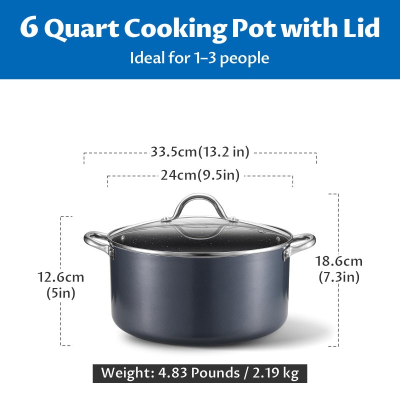 BEZIA 6 Quart Cooking Pot, Non Stick Induction Stock Pots with Lid, All Stove Compatible, 6 QT Aluminum Soup/Stew Pot For Small Households, Grey - Image 2