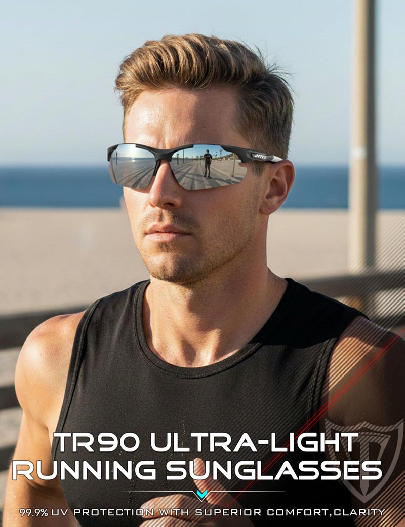 ATTCL Polarized Sunglasses Men Sports: Secure Fit Wrap Around TR90 Frame Ultra-Light UV Protection for Fishing Driving Running Golf 7027 Silver - Image 3