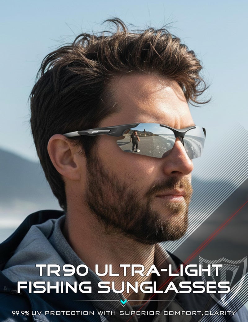 ATTCL Polarized Sunglasses Men Sports: Secure Fit Wrap Around TR90 Frame Ultra-Light UV Protection for Fishing Driving Running Golf 7027 Silver - Image 2
