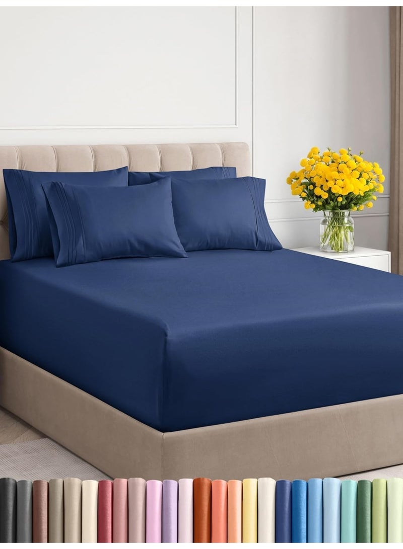 Navy Blue Fitted Bed Sheet 160×200 cm – 30 cm Deep Pocket, All-Around Elastic, Soft & Secure Fit