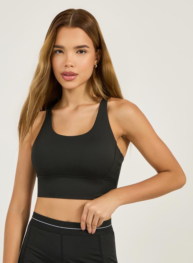 Styli Rib Textured Multi Cross Straps Medium Support Sports Bra  - Image 1