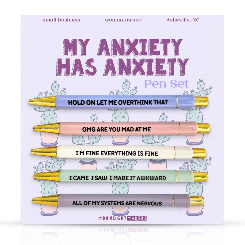 Moonlight Makers Funny Pens - Cute Pens with Anxiety Quotes, Black Ink Ballpoint Pen, Snarky Office Desk Accessories, Women, Colleagues, Friends, Gift Ideas, 5 Pack - Image 1