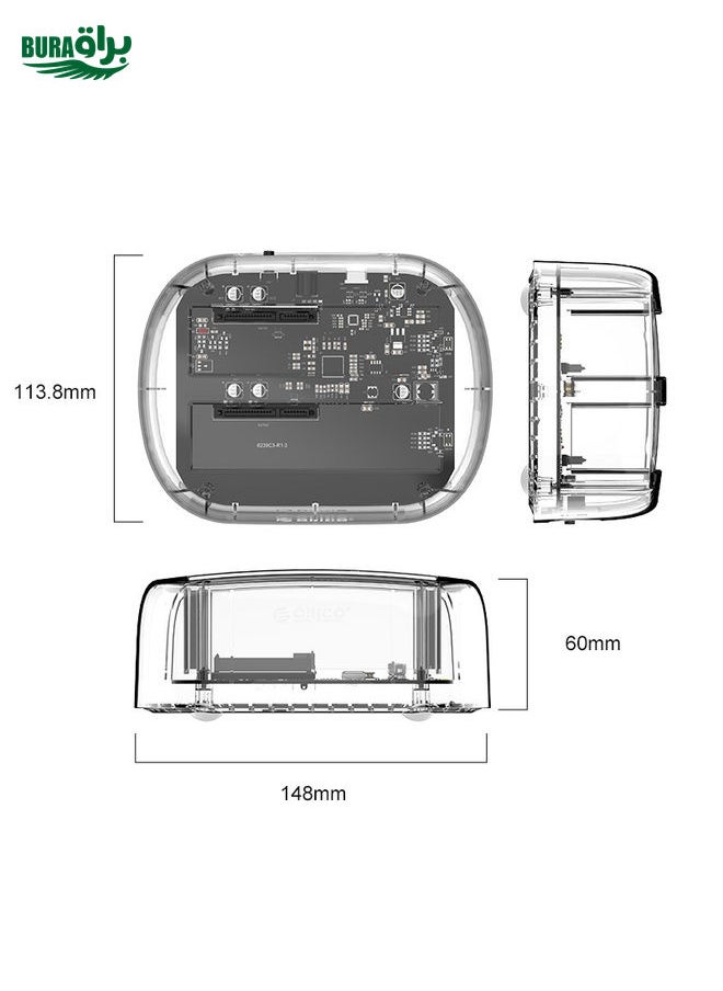 BURAQ ORICO 6239C3 2.5/3.5inch 2 Bay Transparent Type-C Hard Drive Dock  - Image 5