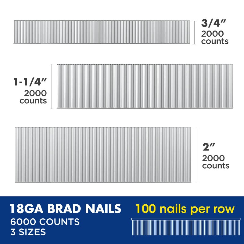 WORKPRO 18 Gauge Brad Nails, 2'',1-1/4'', 3/4'' 6000 Count Universal Brad Nails for Pneumatic, Electric Brad Nailer - Image 3