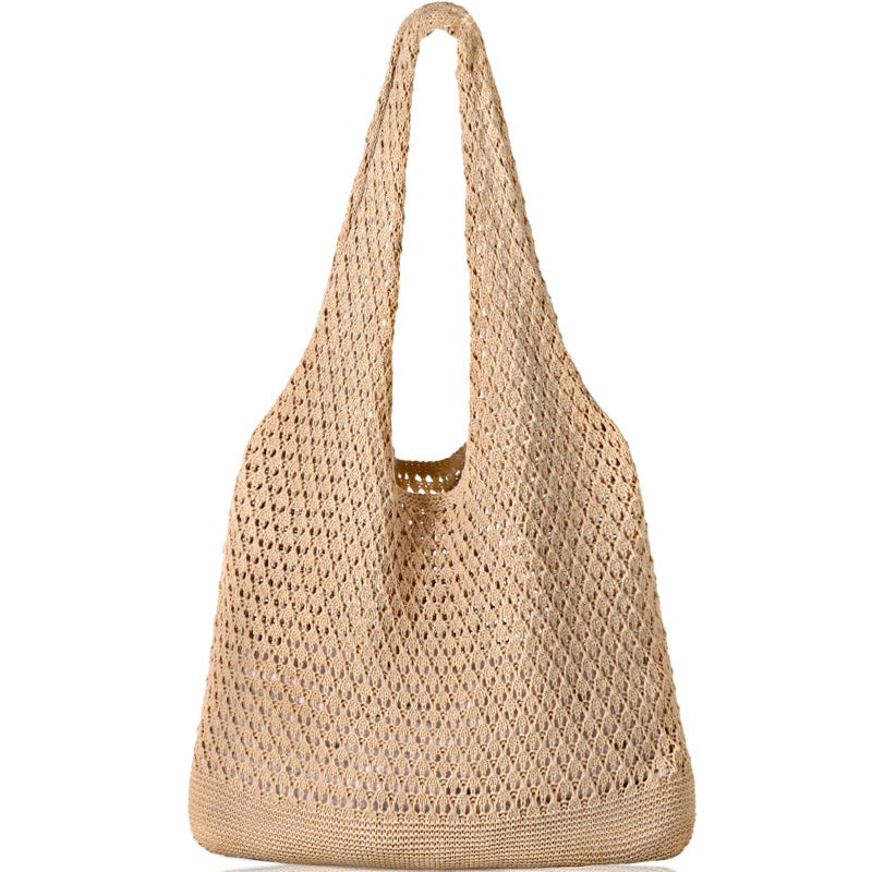 WantGor Crochet Bags, Beach Mesh Tote Bag Womens Shoulder Shopping Handbag Casual Travel Totes Bag Foldable Hobo Bags (Khaki) - Image 1