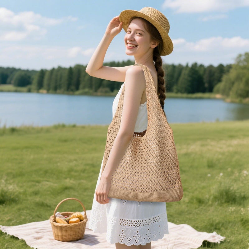WantGor Crochet Bags, Beach Mesh Tote Bag Womens Shoulder Shopping Handbag Casual Travel Totes Bag Foldable Hobo Bags (Khaki) - Image 3
