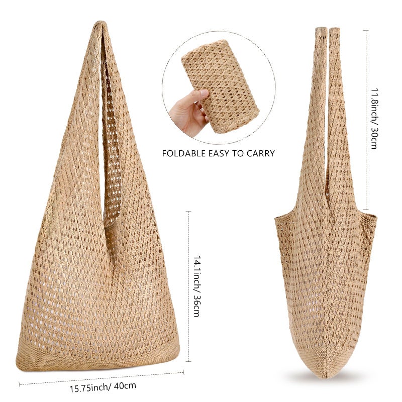 WantGor Crochet Bags, Beach Mesh Tote Bag Womens Shoulder Shopping Handbag Casual Travel Totes Bag Foldable Hobo Bags (Khaki) - Image 4