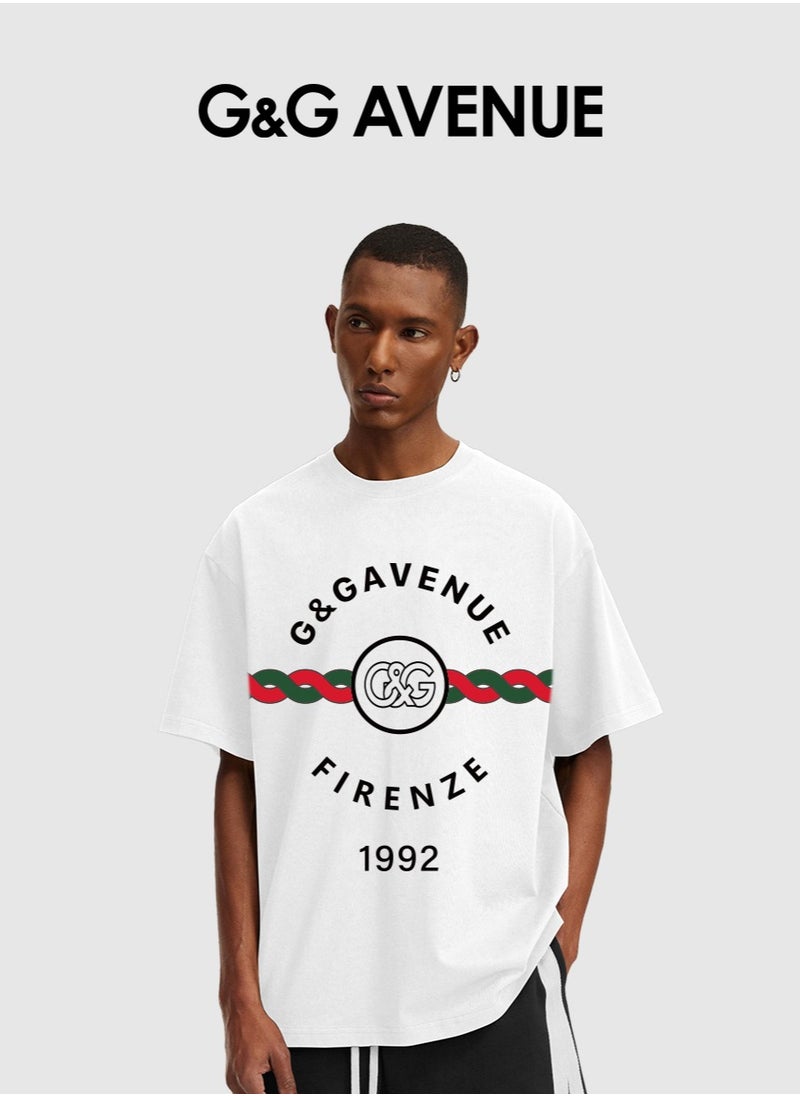 G&G AVENUE - Men's retro oversized T-shirt with letter pattern printed round neck short top, street clothing, cotton short sleeves Heavy cotton fabric - Image 1