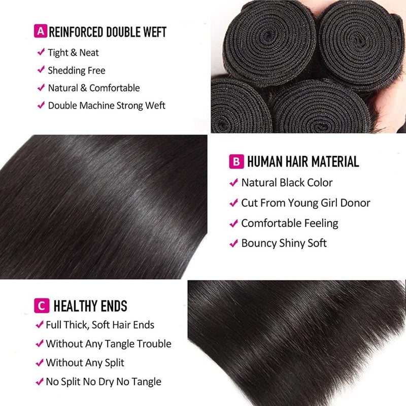 WOWQUEEN Brazilian Straight Human Hair 4 Bundles 18 20 22 24 Inch 100% Unprocessed Virgin Straight Weave Bundles Human Hair - Image 3