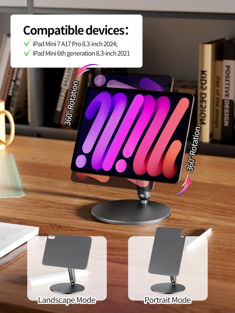 LULULOOK 360Â° Magnetic Stand for iPad mini 7 A17 Pro/Mini 6 8.3 inch (2024/2021), Aluminum Alloy Foldable Tablet Desk Stand with Rotating Base for Apple iPad mini 7/6 Drawing, Viewing (Gray) - Image 3