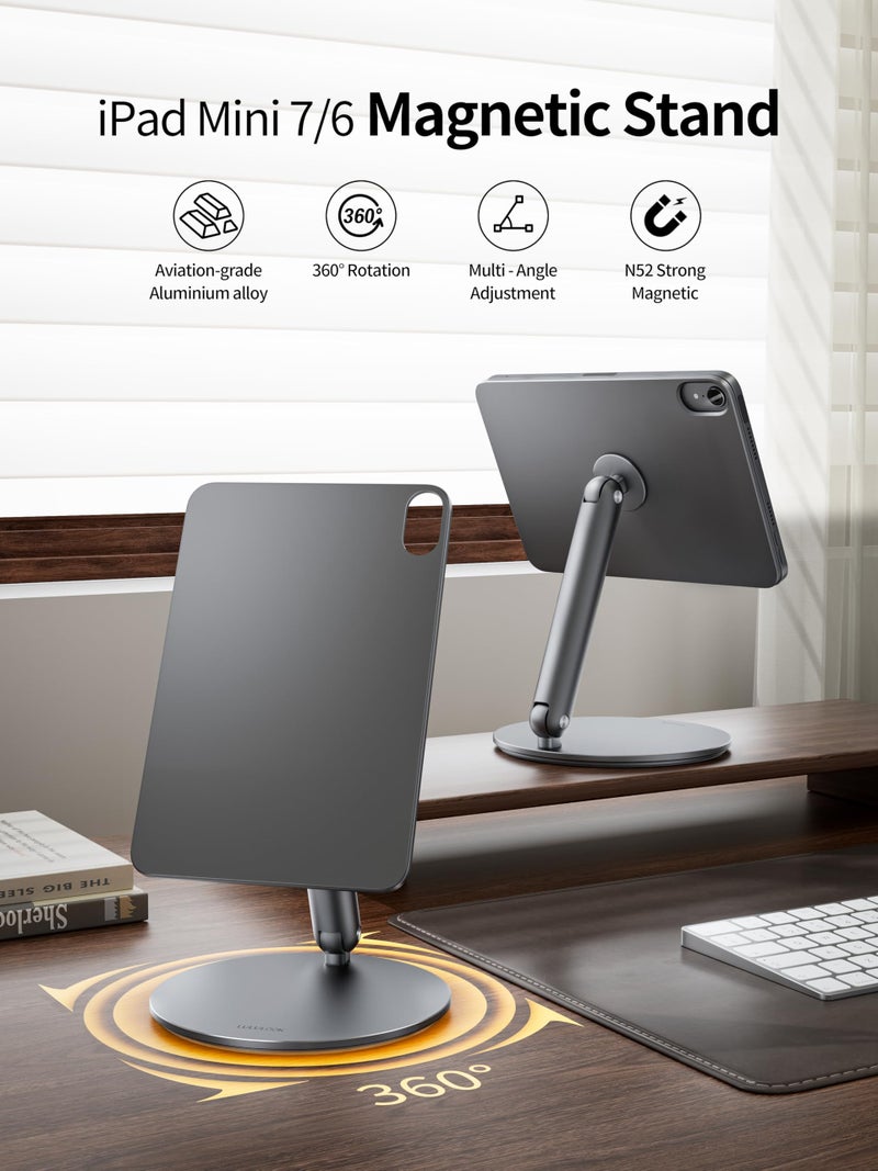 LULULOOK 360Â° Magnetic Stand for iPad mini 7 A17 Pro/Mini 6 8.3 inch (2024/2021), Aluminum Alloy Foldable Tablet Desk Stand with Rotating Base for Apple iPad mini 7/6 Drawing, Viewing (Gray) - Image 2