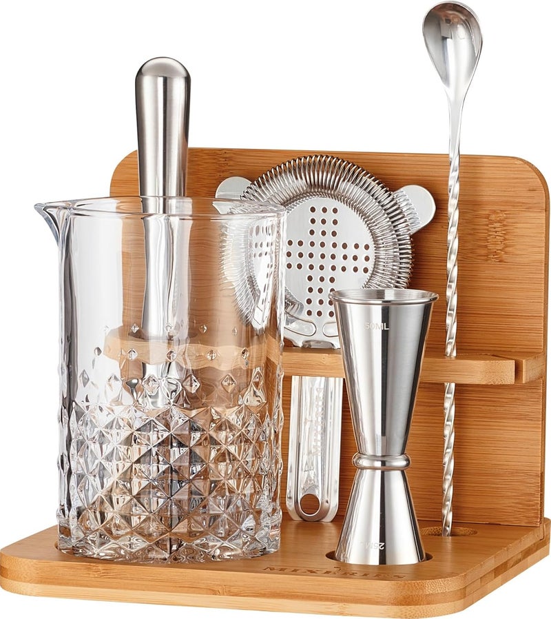 Mixeries Crystal Cocktail Mixing Glass Set with Bamboo Stand - 22 Oz 650ml - Thick and Sturdy Bottom, Durable and Seamless Design with Bar Accessories Gift Set - Image 1