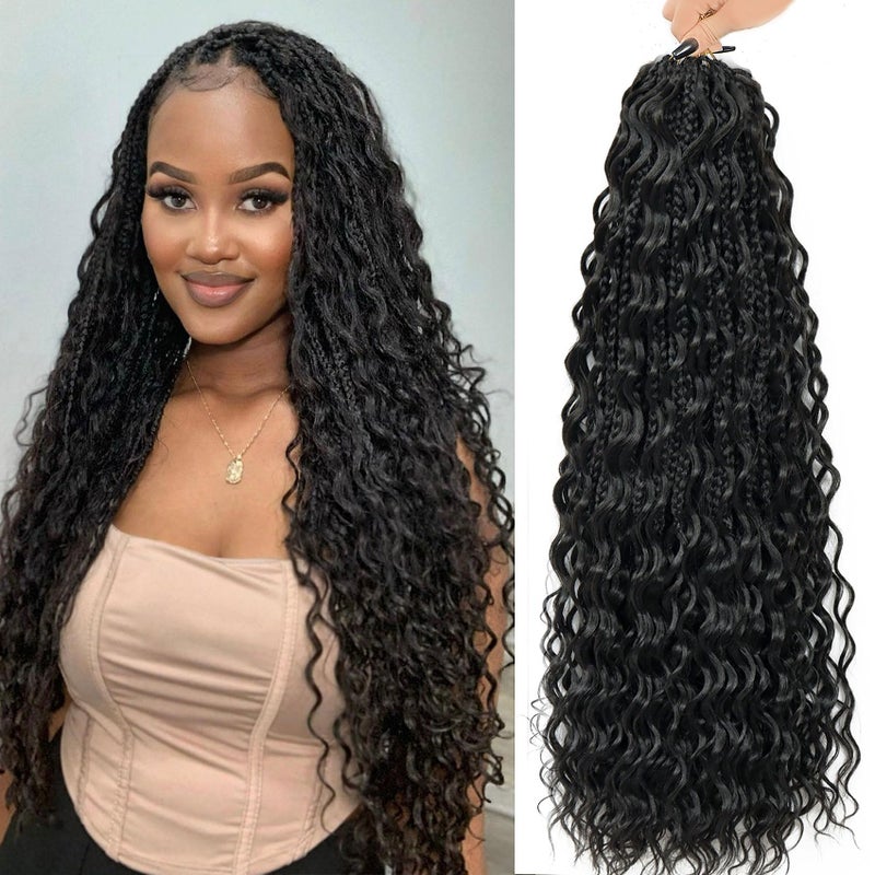 LIYATE Goddess Box Braids Crochet Hair for Women 24 Inch 7 Packs Black Bohemian Crochet Braids with Curly Ends Boho Box Braid Crochet Braiding Hair Extensions 1B