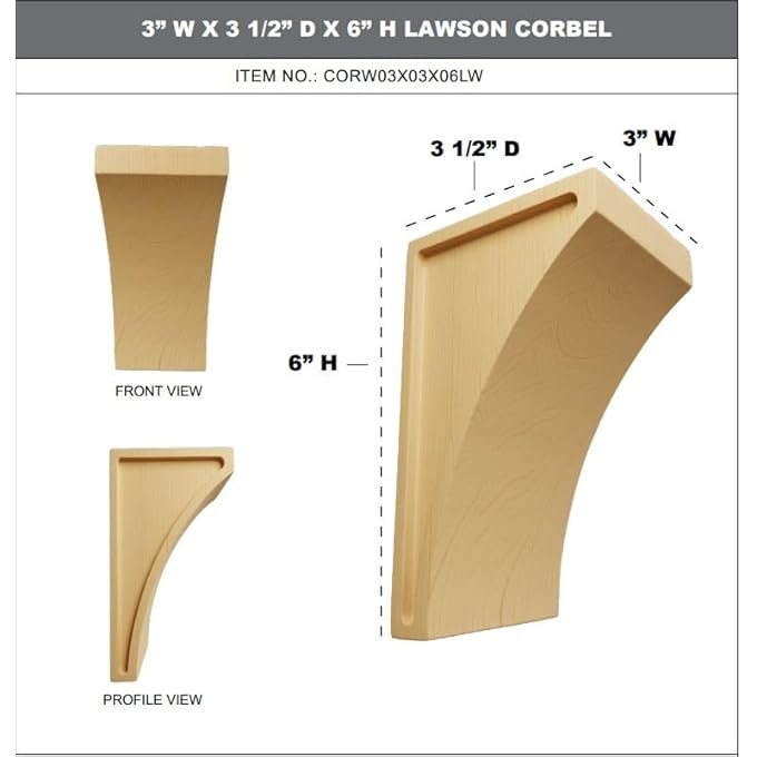 CORW03X03X06LWRW CORBEL, 3"W X 3 1/2"D X 6"H, RUBBERWOOD - Image 2