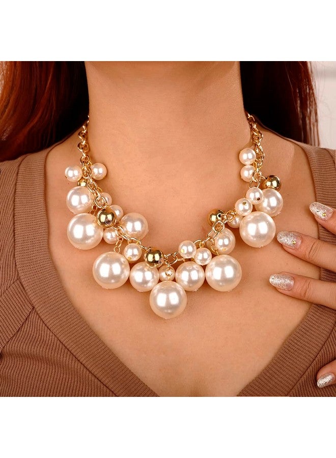 Wiwpar Women Statement Gold Short Chain Pendant Pearl Necklaces Chunky Faux Pearl Cluster Collar Bib Choker Necklace And Earrings Set For Women Gift - Image 2