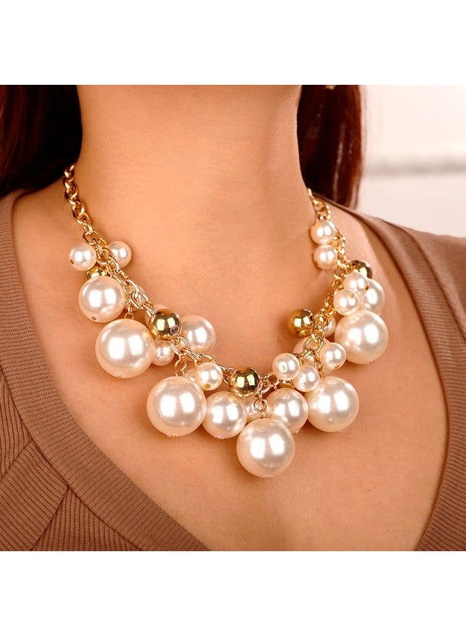 Wiwpar Women Statement Gold Short Chain Pendant Pearl Necklaces Chunky Faux Pearl Cluster Collar Bib Choker Necklace And Earrings Set For Women Gift - Image 3