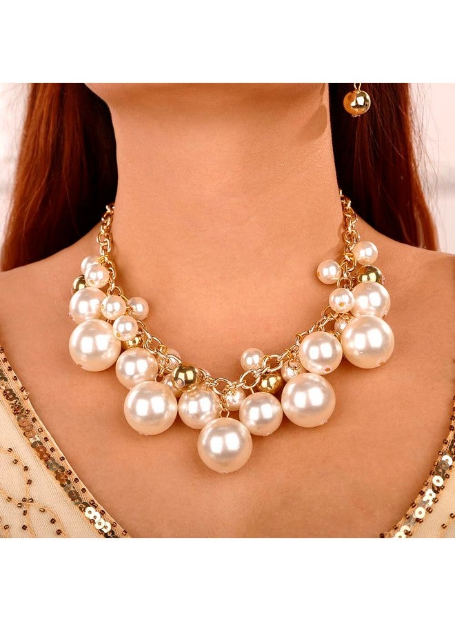 Wiwpar Women Statement Gold Short Chain Pendant Pearl Necklaces Chunky Faux Pearl Cluster Collar Bib Choker Necklace And Earrings Set For Women Gift - Image 1