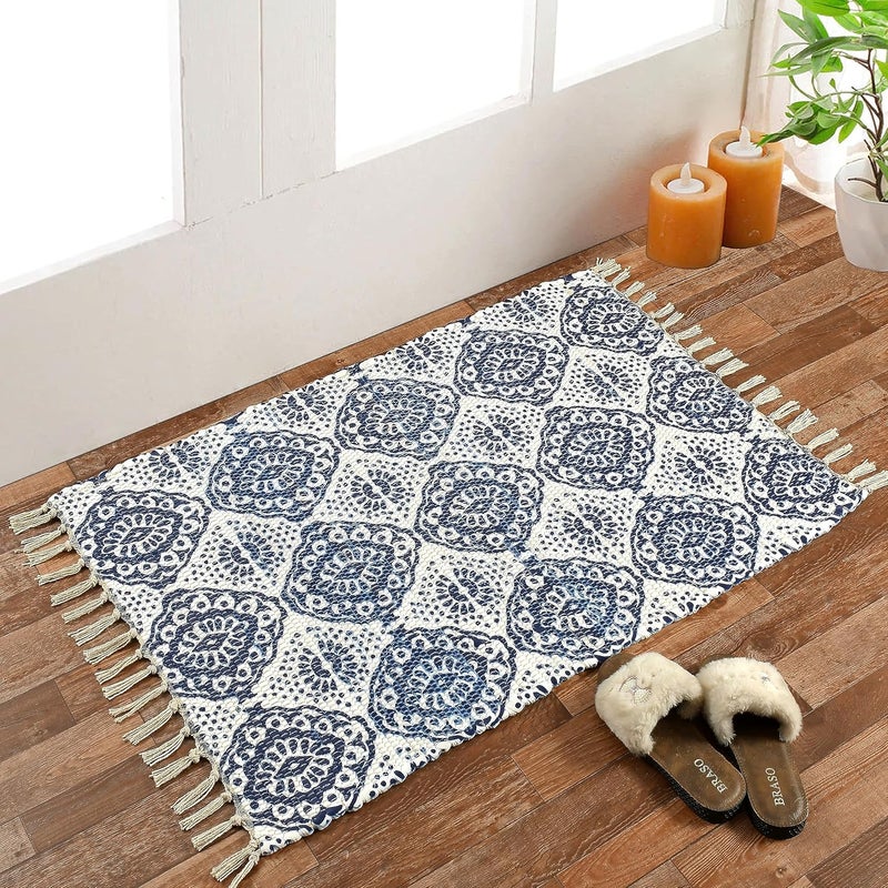HOMADORN HOMADORN Handmade Sustainable Printed ModernDhurriesRugsCarpet Upcycled from Fabric for Living RoomBedside Runner for Enhanced Decor 2 FEETX 3 FEET BLUE018 - Image 1