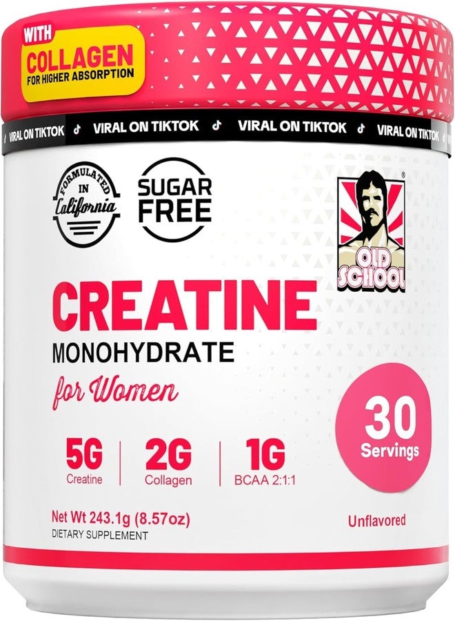 Old School Labs Creatine for Women – Post-Workout Supplement with 5000mg Creatine Monohydrate Powder, 2000mg Collagen & BCAA 2:1:1 for Strength Support & Recovery – Unflavored - 8.57 Ounce (Pack of 1) - Image 1