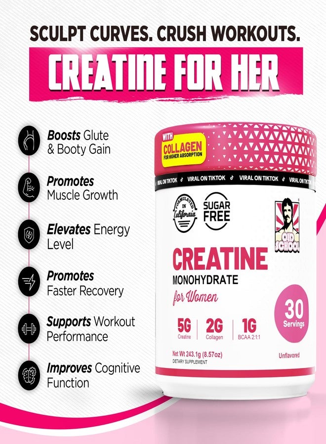 Old School Labs Creatine for Women – Post-Workout Supplement with 5000mg Creatine Monohydrate Powder, 2000mg Collagen & BCAA 2:1:1 for Strength Support & Recovery – Unflavored - 8.57 Ounce (Pack of 1) - Image 2