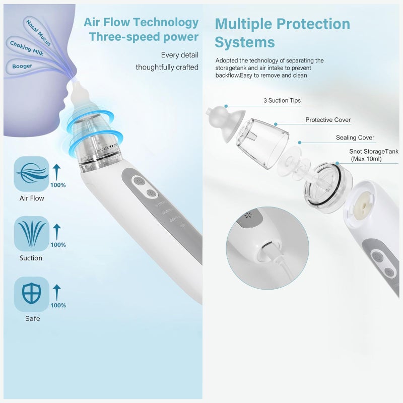 Lonnalee Baby Nasal Aspirator, Electric Nasal Aspirator, Baby Vacuum Cleaner with 3 Suction Levels, 3 Sizes, Silicone Tips and Light Soothing, Music Function - Image 5