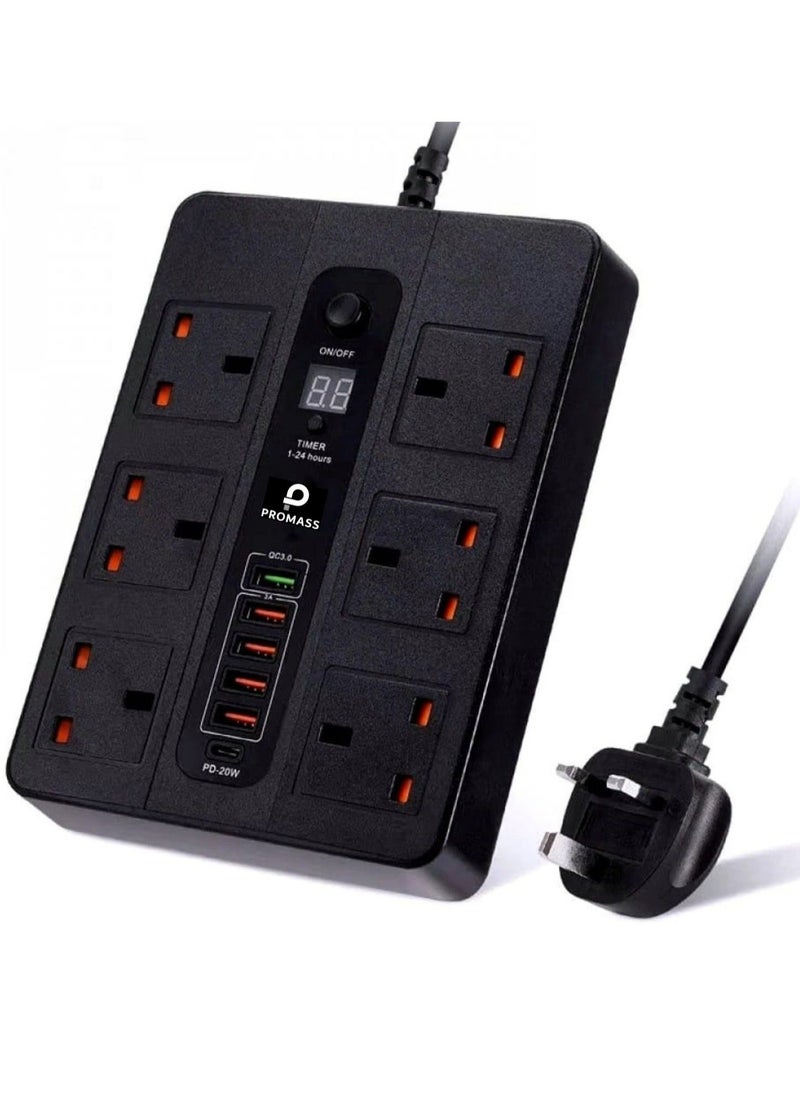 PROMASS 12 in 1 Smart Timer Power Strip 6 AC Outlets 5 USB Ports 1 USB-C Port Black  - Image 1