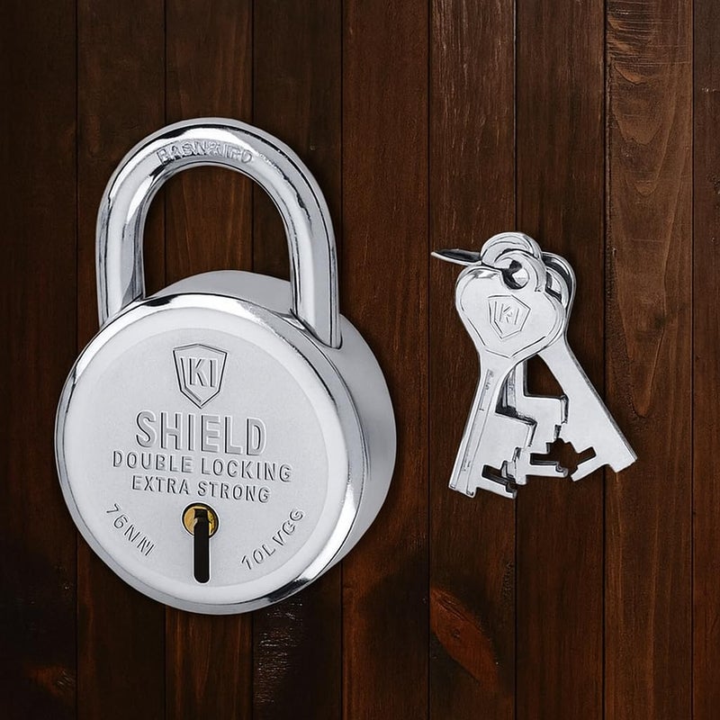 KI SHIELD 1049 Round Steel Keyed Padlock 75mm | (10 Levers, 3 Keys) |(Silver Chrome Plated Finish) | Door Accessories, Shutter Padlocks, Gate Hasps Door Lock |Durable Long Life | (1Lock) - Image 1
