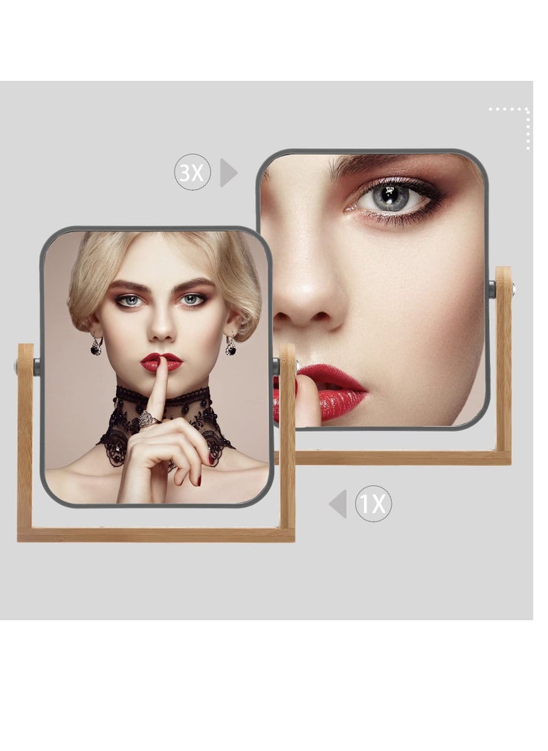 Y&D - Double Sided 3X Magnifying Makeup Mirror with Bamboo Stand, Small Desk Table 360° Rotation, Standing Portable Cosmetic Mirror, Good for Shower, Shaving and Traveling-Grey - Image 1