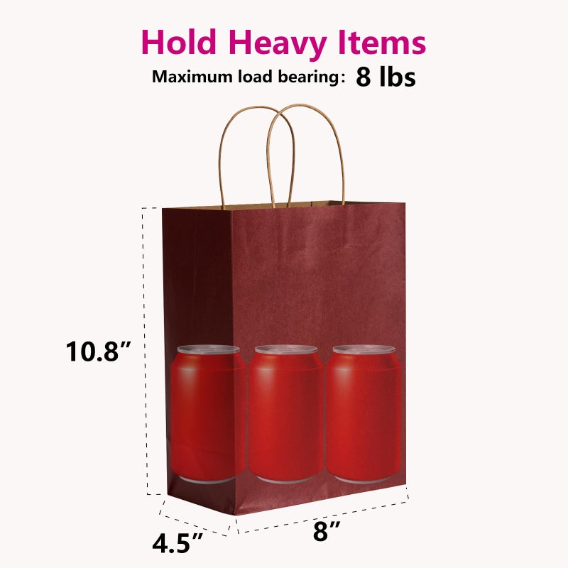 RACETOP 50 Pack 8x4.5x10.8 Inch Medium Red Kraft Paper Bags with Handles Bulk, Gift Bags, Shopping Bag for Boutique, Wedding Party Favor, Merchandise, Retail, Small Business - Image 3