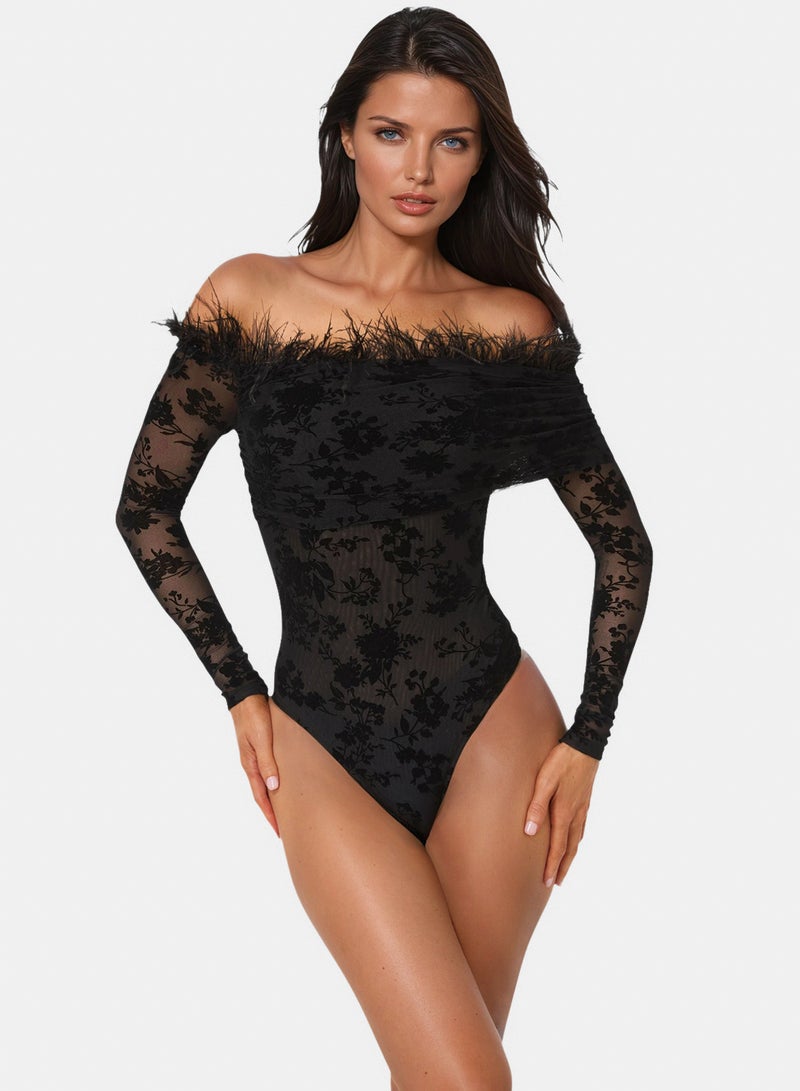 bebe Off Shoulder Feather Bodysuit - Image 1