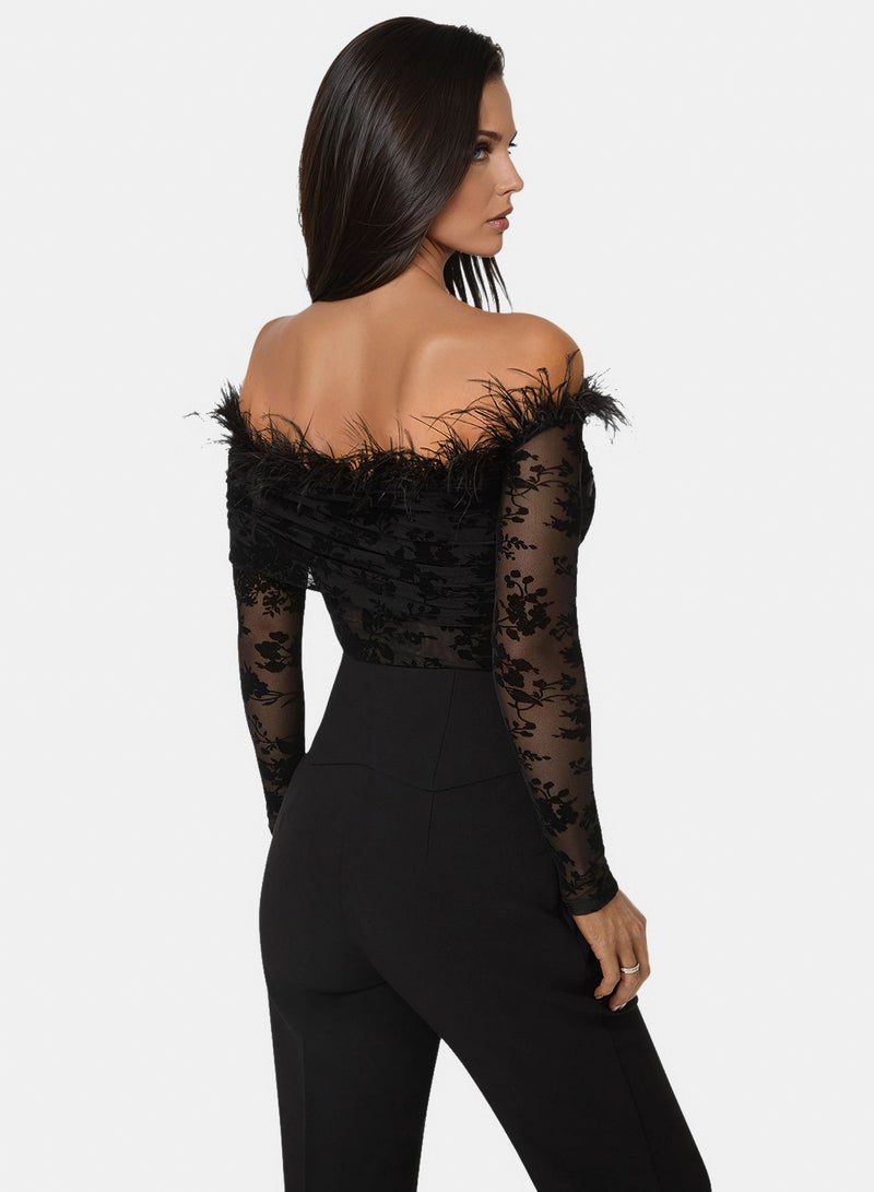 bebe Off Shoulder Feather Bodysuit - Image 2