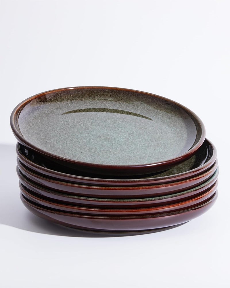 Pokini Ceramic Dinner Plates Set of 6 10 Inch Handmade Reactive Glaze Stoneware Plates Modern Rustic Dinnerware Microwave  Dishwasher Safe Scratch ResistantBrown and Green - Image 1